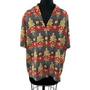 LE CAVIAR Red Black Print Short Sleeve Button-Down Collared Shirt Sz L VINTAGE